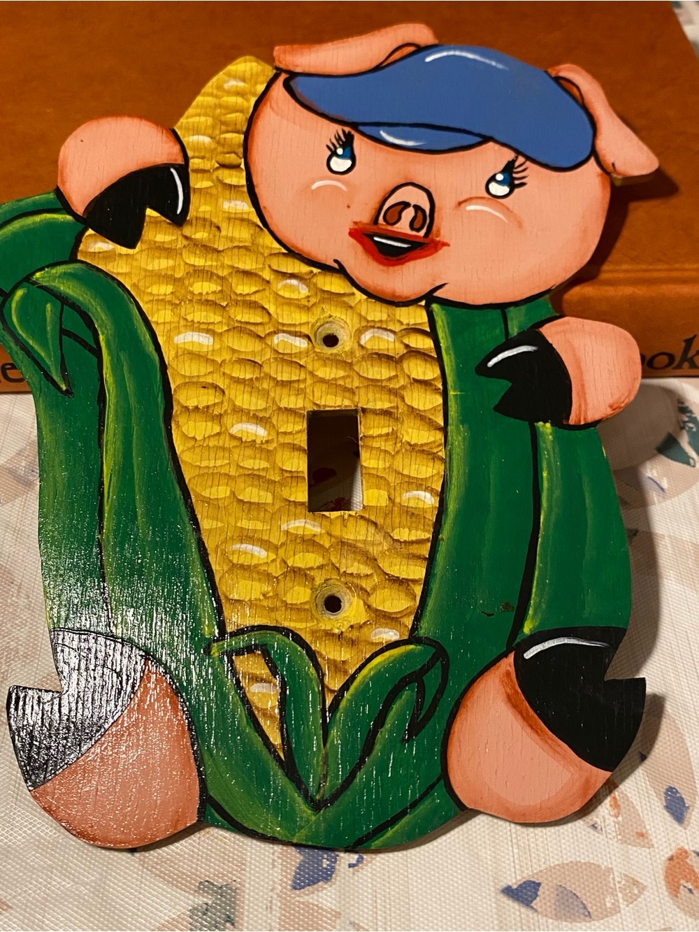 Vintage Hand-Painted Pig w/Corn Light Switch Plate Cover - Farm Decor